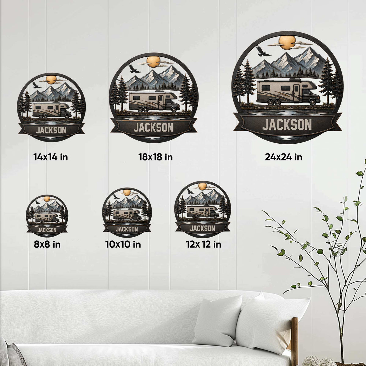 RV camping metal sign size guide showing 8, 10, 12, 14, 18, and 24 inch options