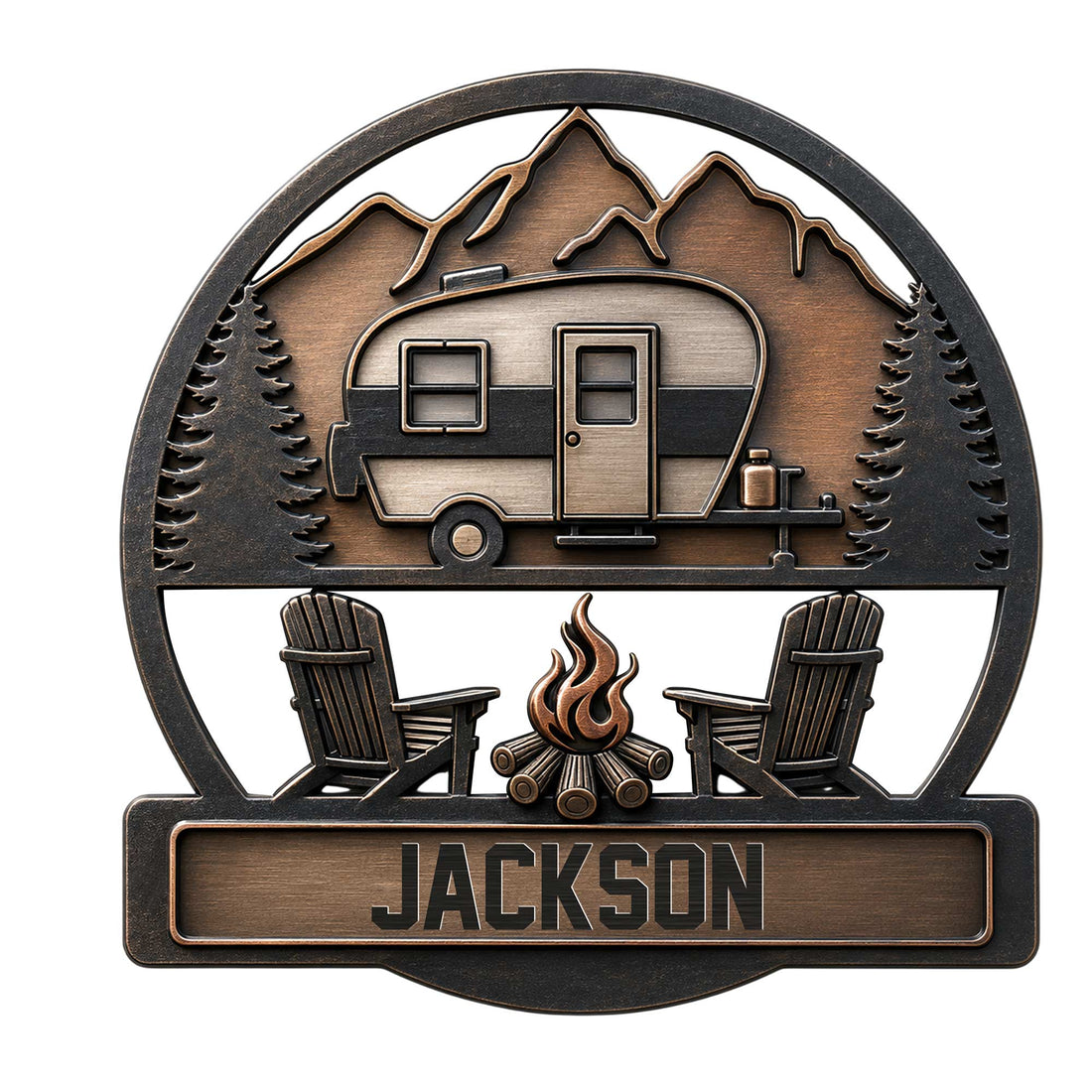 Custom camping metal sign featuring an RV trailer, mountain peaks, pine trees, campfire, and Adirondack chairs