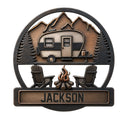 Custom camping metal sign featuring an RV trailer, mountain peaks, pine trees, campfire, and Adirondack chairs