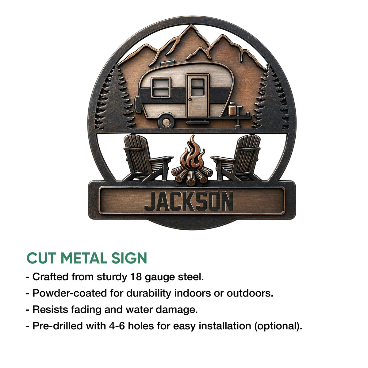 Camping metal sign feature graphic showing an RV campsite scene with mountains, trees, chairs, and a campfire