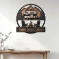 RV camping wall decor displayed on a white paneled wall above a rustic console table