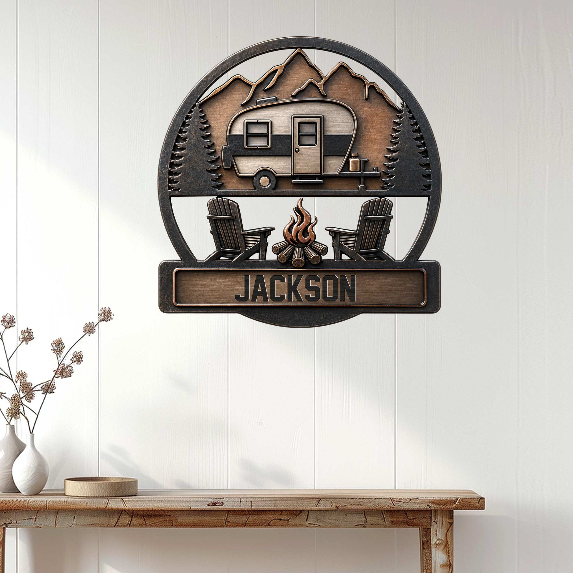 RV camping wall decor displayed on a white paneled wall above a rustic console table