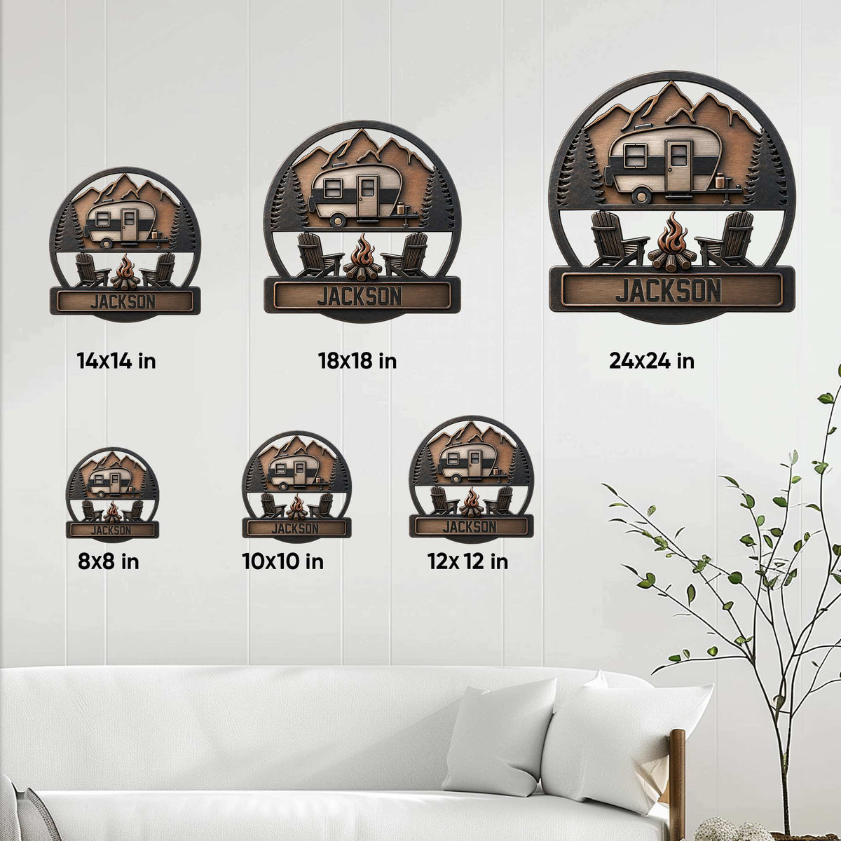 Camping metal sign size guide showing six available dimensions from 8 by 8 to 24 by 24 inches