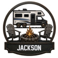 Custom camping metal sign featuring an RV, campfire, and Adirondack chairs in a circular outdoor scene