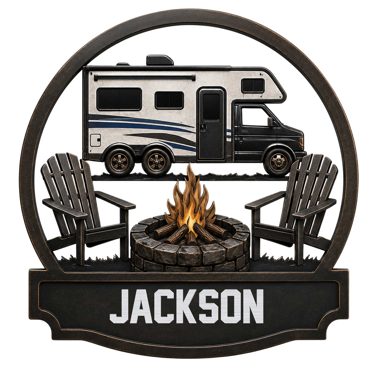 Custom camping metal sign featuring an RV, campfire, and Adirondack chairs in a circular outdoor scene