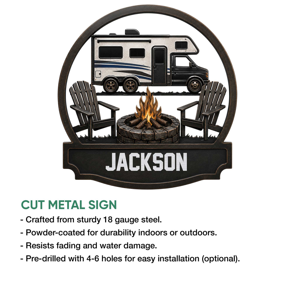 Camping RV metal sign shown with a feature graphic highlighting its cut-metal construction and outdoor decor use