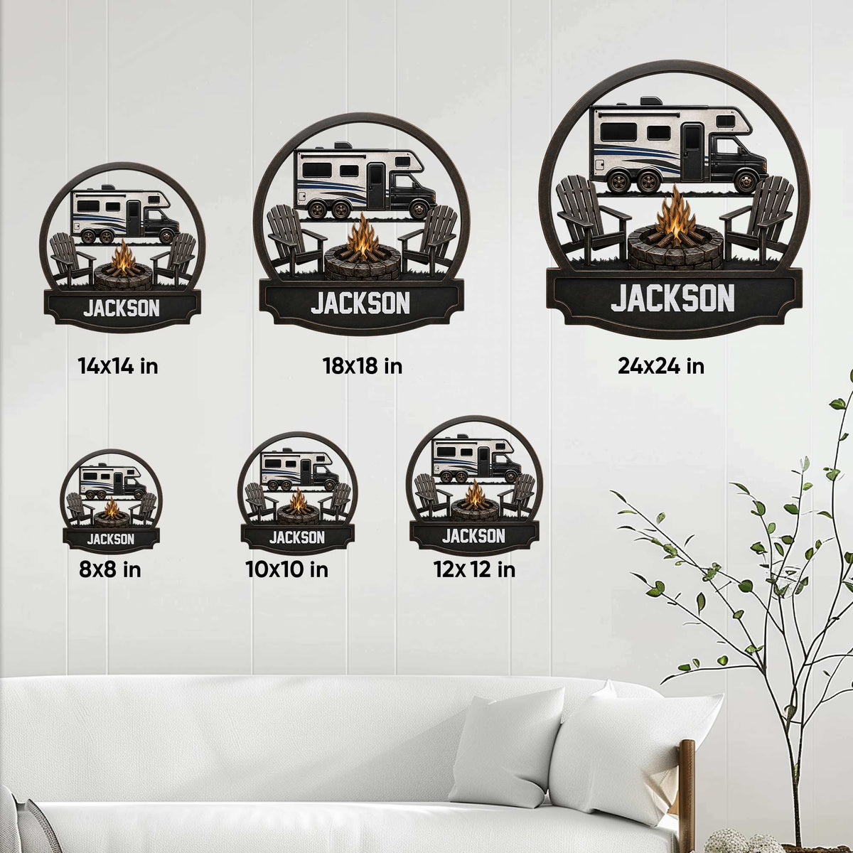 Camping RV metal sign size guide showing available dimensions from 8 by 8 to 24 by 24 inches