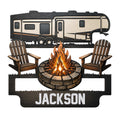 Custom camping metal sign featuring an RV, two camp chairs, and a glowing campfire scene