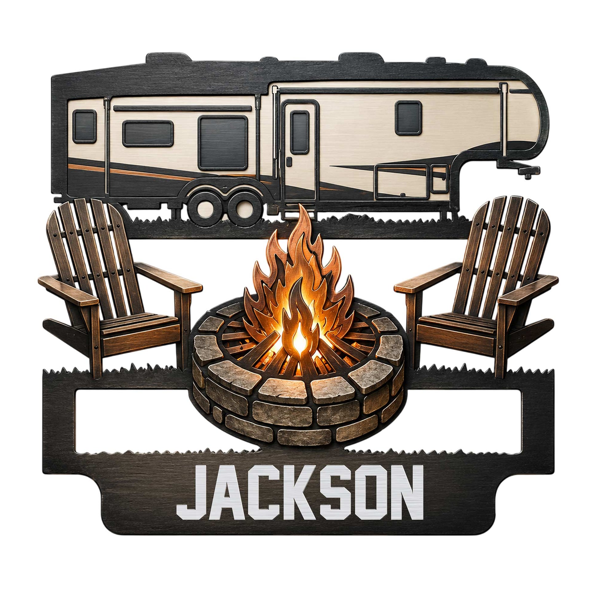 Custom camping metal sign featuring an RV, two camp chairs, and a glowing campfire scene