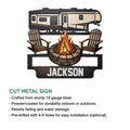 Camping RV metal sign shown in a product feature graphic with a detailed outdoor campfire design