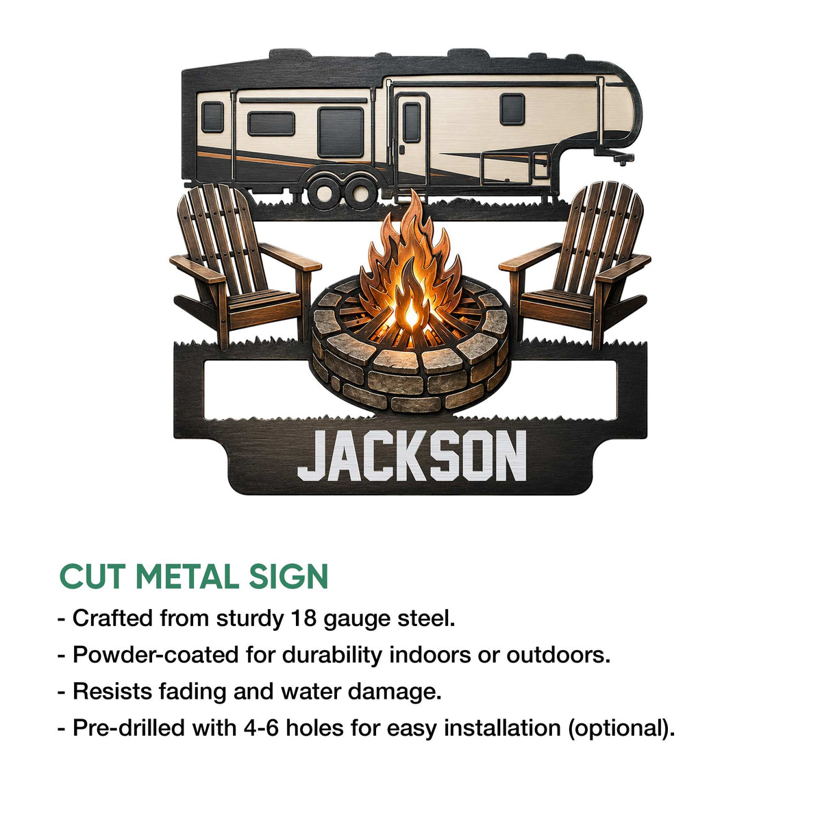 Camping RV metal sign shown in a product feature graphic with a detailed outdoor campfire design