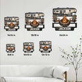 Camping RV metal sign shown in multiple size options above a living room sofa
