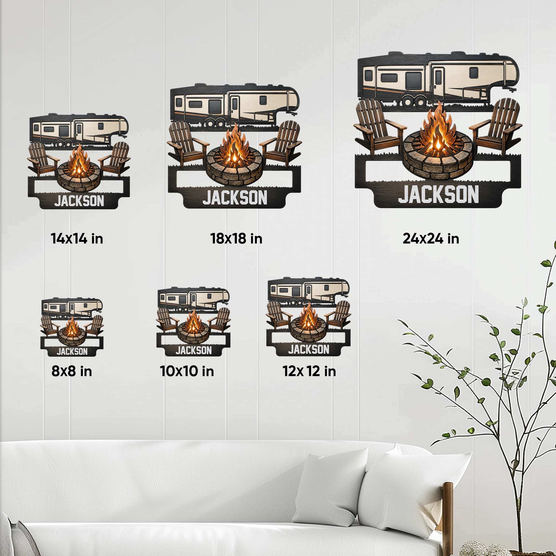 Camping RV metal sign shown in multiple size options above a living room sofa