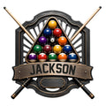Billiards metal sign featuring a triangle rack of colorful pool balls and crossed cue sticks