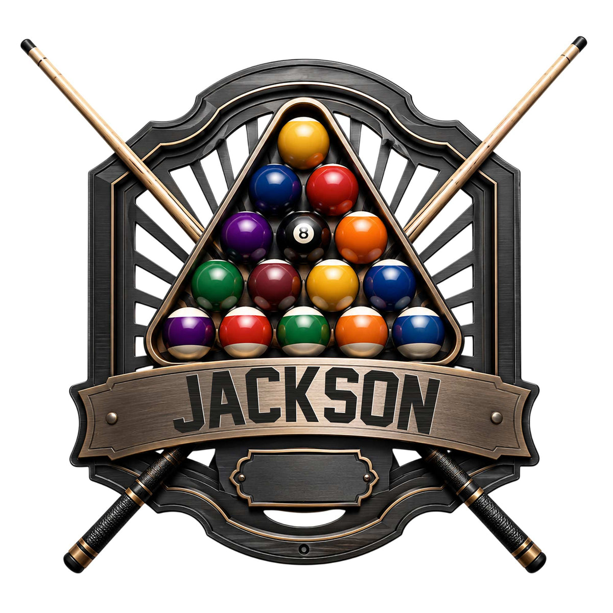 Billiards metal sign featuring a triangle rack of colorful pool balls and crossed cue sticks