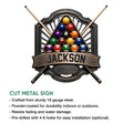 Billiards metal sign shown with crossed pool cues, racked balls, and a cut metal sign feature guide
