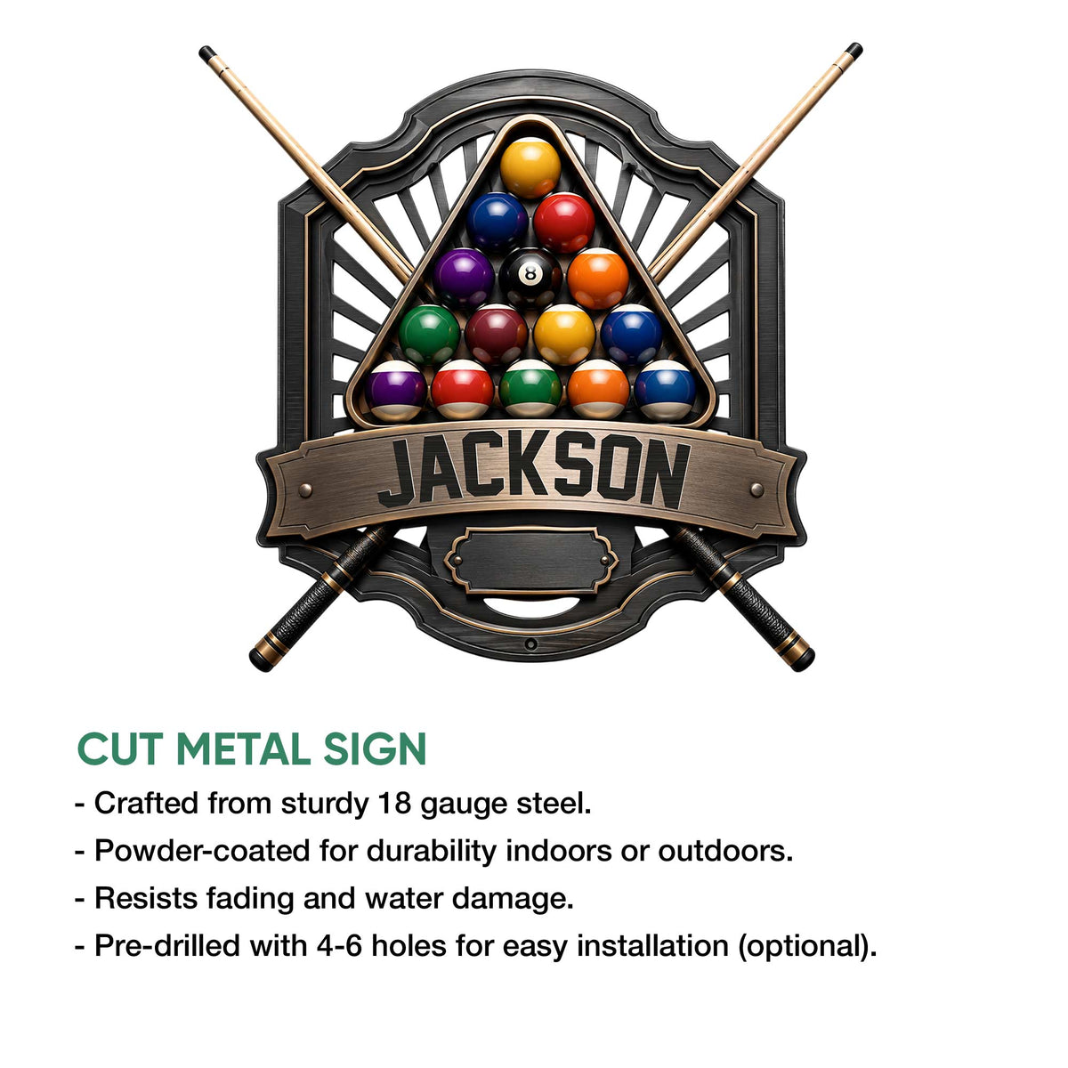 Billiards metal sign shown with crossed pool cues, racked balls, and a cut metal sign feature guide