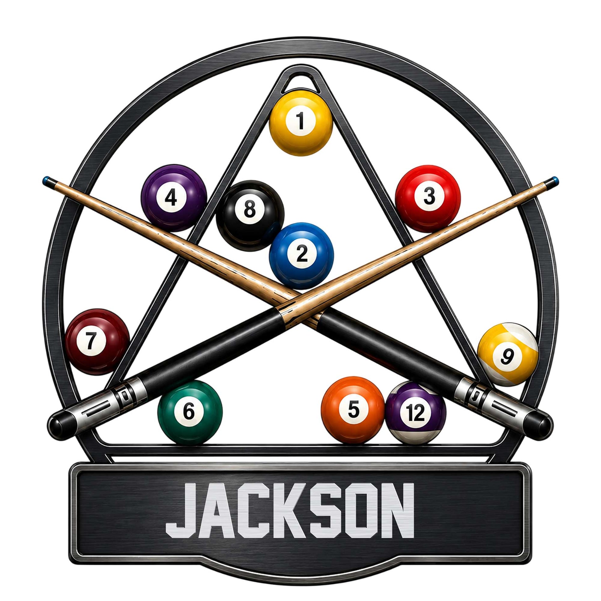 Billiards metal sign featuring crossed pool cues, colorful billiard balls, and a bold framed plaque design