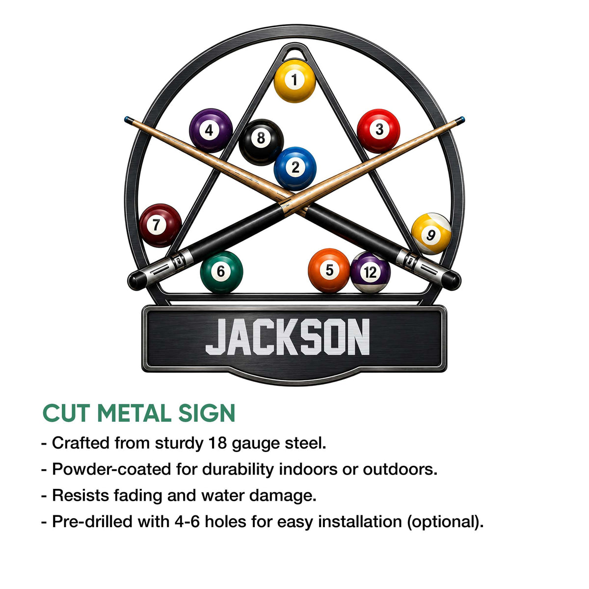 Cut metal billiards sign shown with pool cues, numbered balls, and product feature information