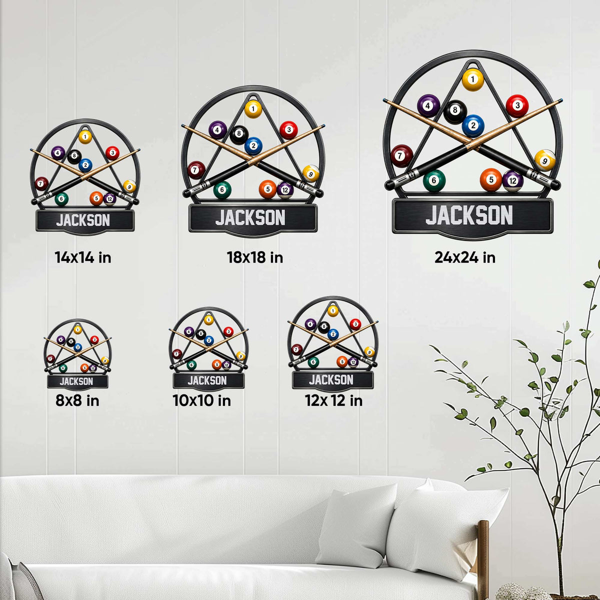 Billiards sign size guide showing available square dimensions from 8 by 8 to 24 by 24 inches