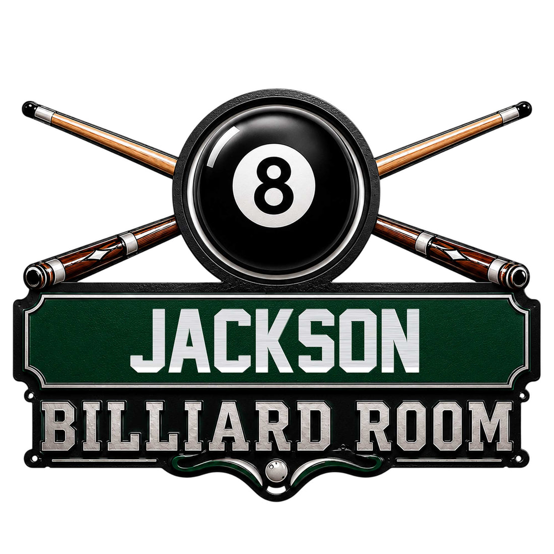 Custom billiard room metal sign featuring crossed pool cues and a black 8 ball