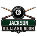 Custom billiard room metal sign featuring crossed pool cues and a black 8 ball