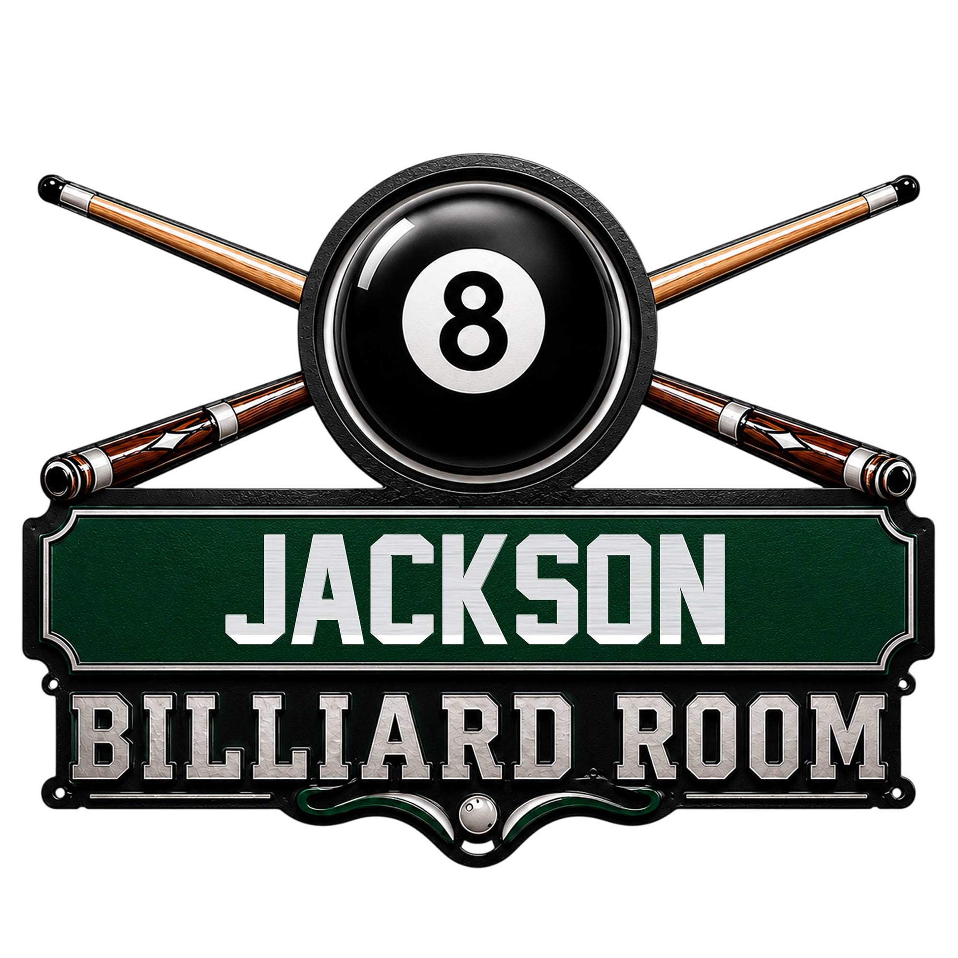 Custom billiard room metal sign featuring crossed pool cues and a black 8 ball