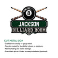 Billiards metal sign product graphic showing crossed cues, an 8 ball, and room decor design