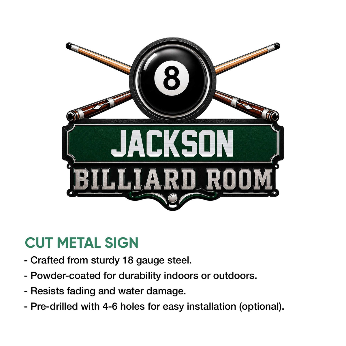 Billiards metal sign product graphic showing crossed cues, an 8 ball, and room decor design