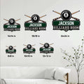 Billiards wall sign size guide showing multiple sign sizes with crossed cues and an 8 ball