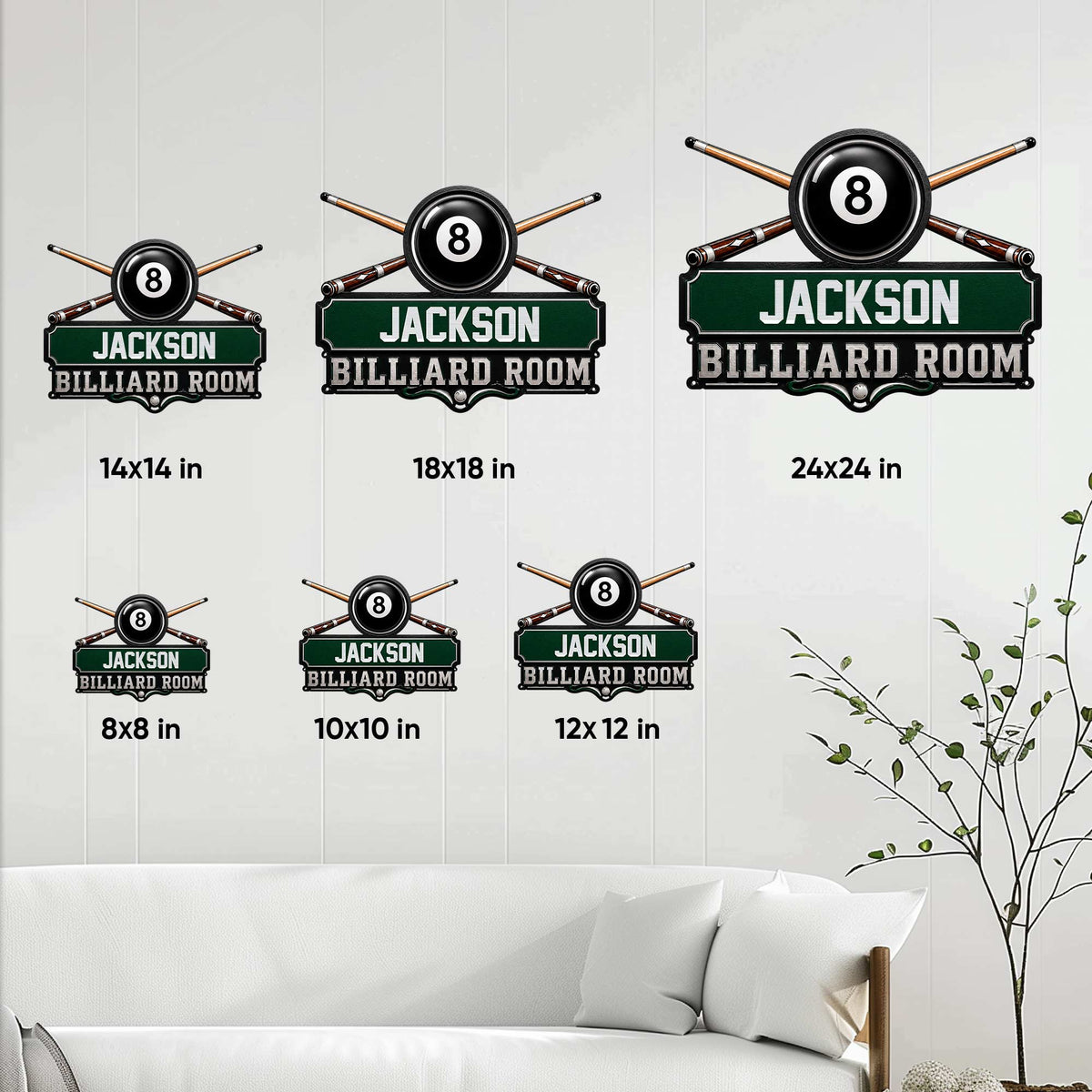 Billiards wall sign size guide showing multiple sign sizes with crossed cues and an 8 ball