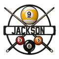 Custom billiards metal sign featuring crossed pool cues, colorful billiard balls, and a bold central nameplate