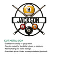 Billiards metal sign shown with crossed pool cues and colorful pool balls in a product feature presentation