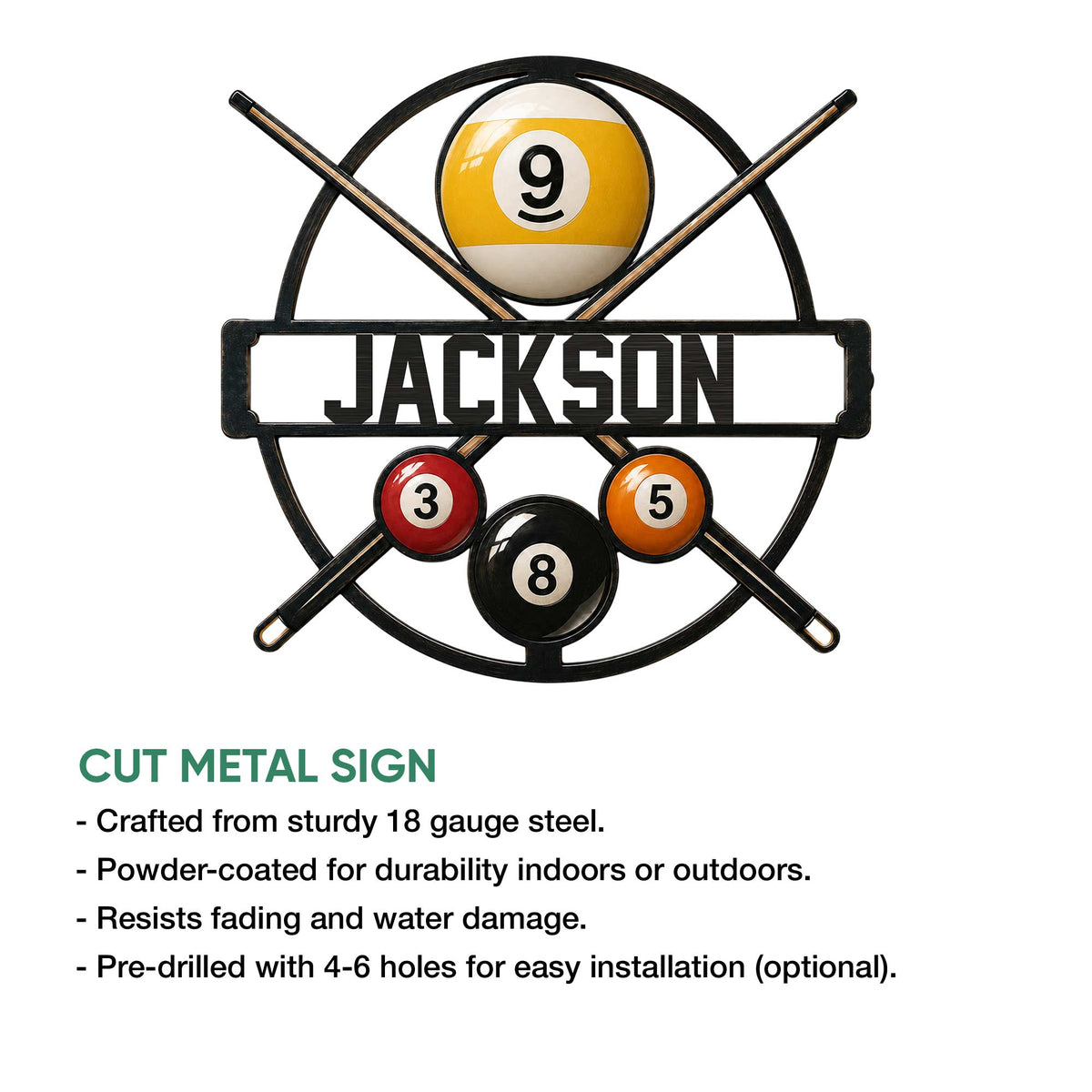 Billiards metal sign shown with crossed pool cues and colorful pool balls in a product feature presentation