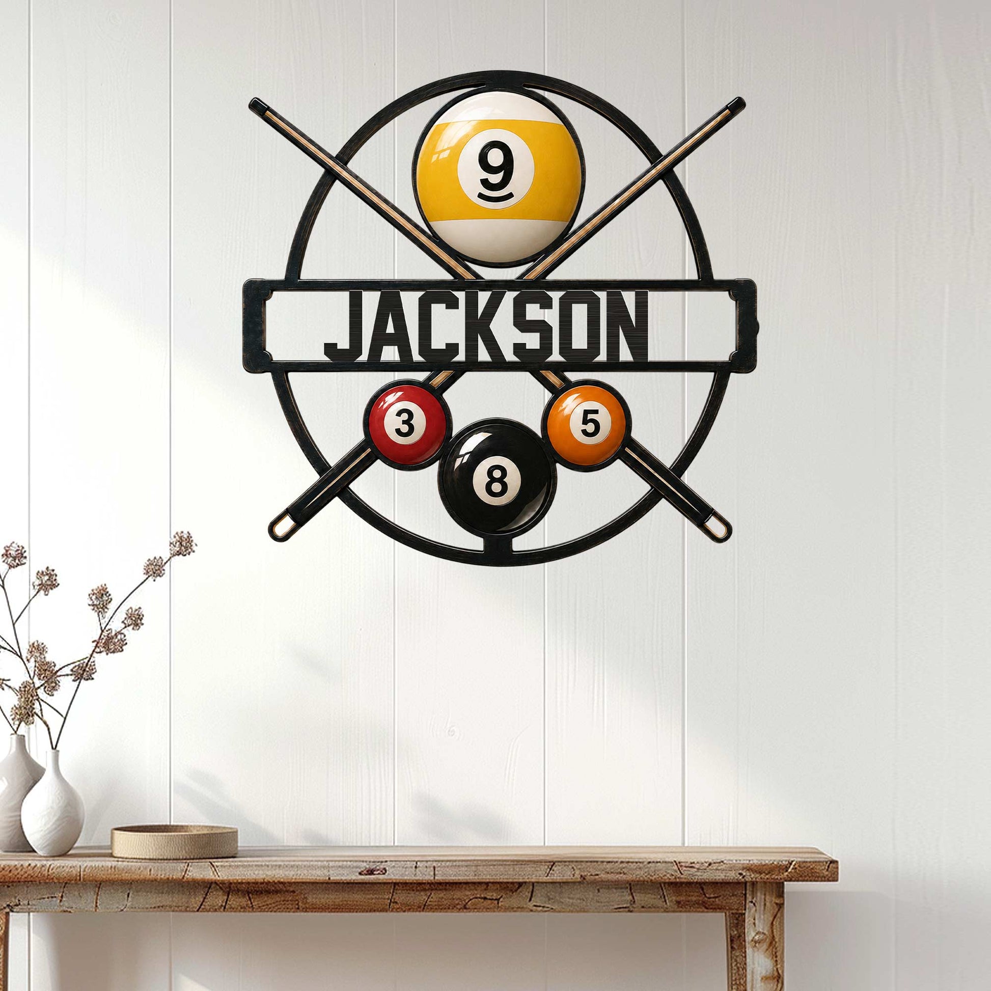 Billiards wall sign displayed above a console table, featuring crossed cues and a classic pool ball design