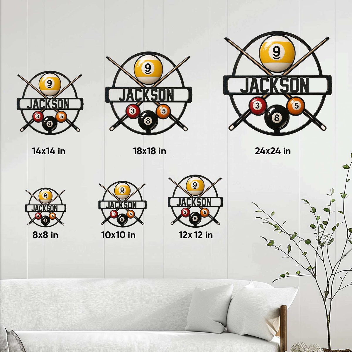 Billiards metal sign shown in multiple size options against a bright home interior wall