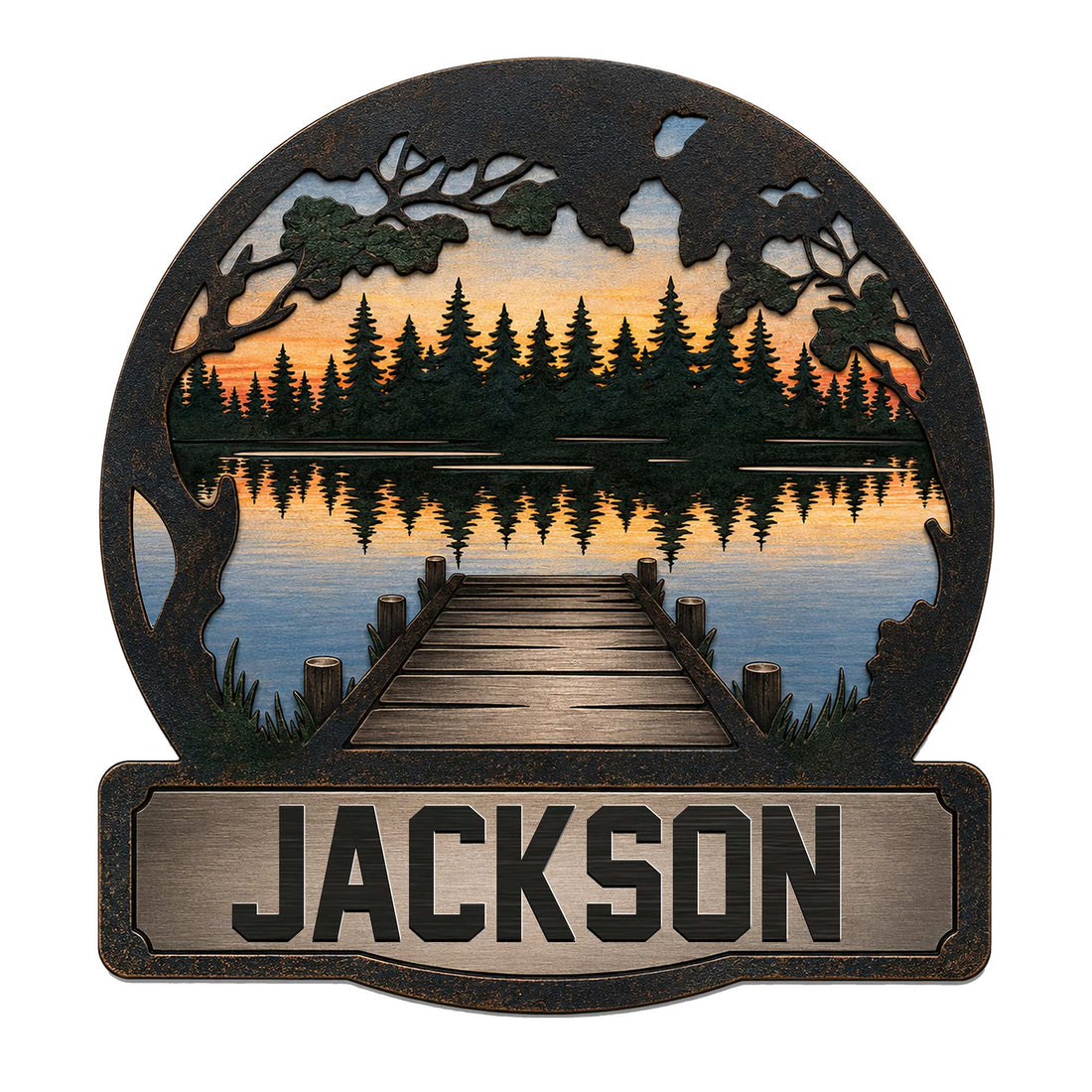 Custom lake house metal sign featuring a dock leading to a pine forest lake at sunset