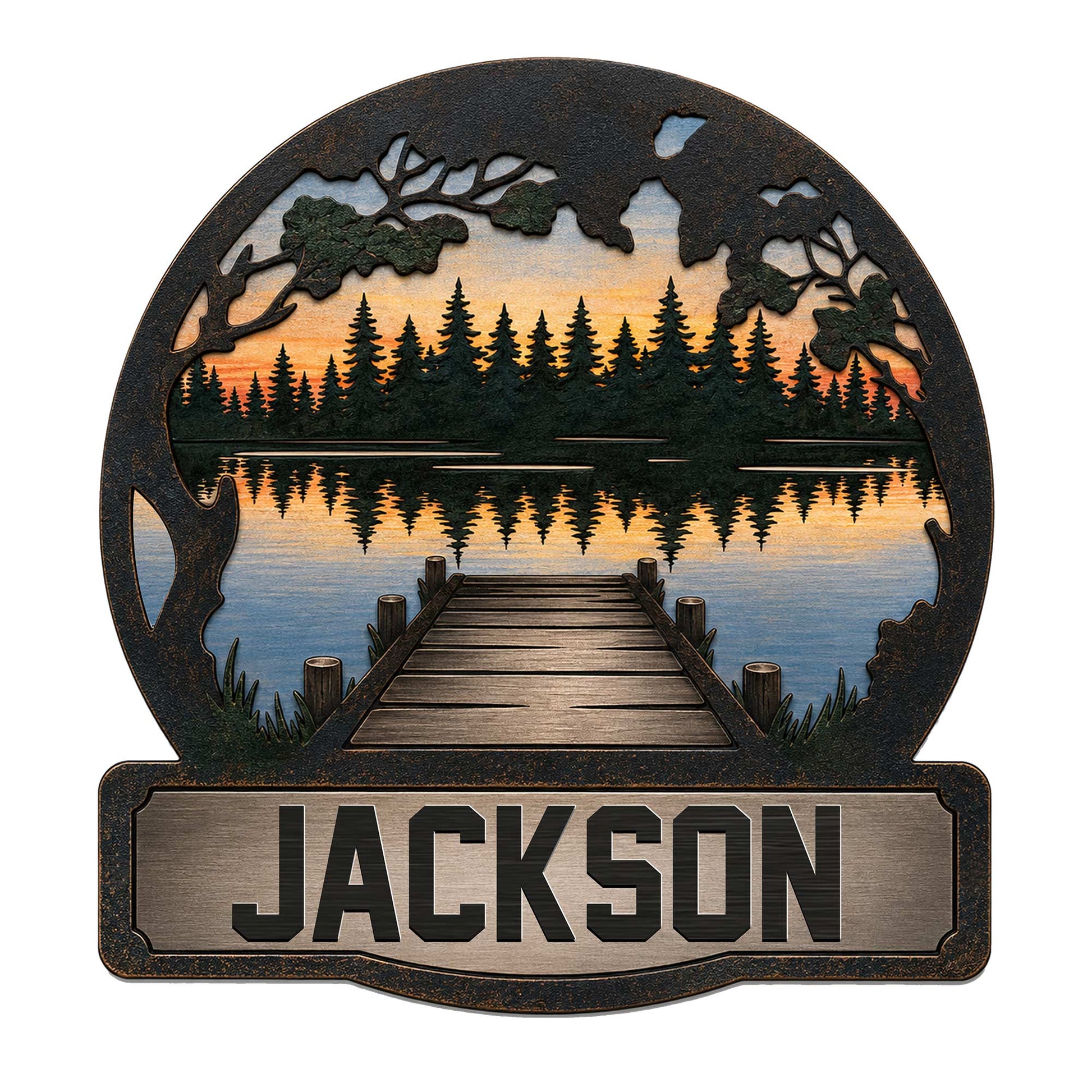 Custom lake house metal sign featuring a dock leading to a pine forest lake at sunset