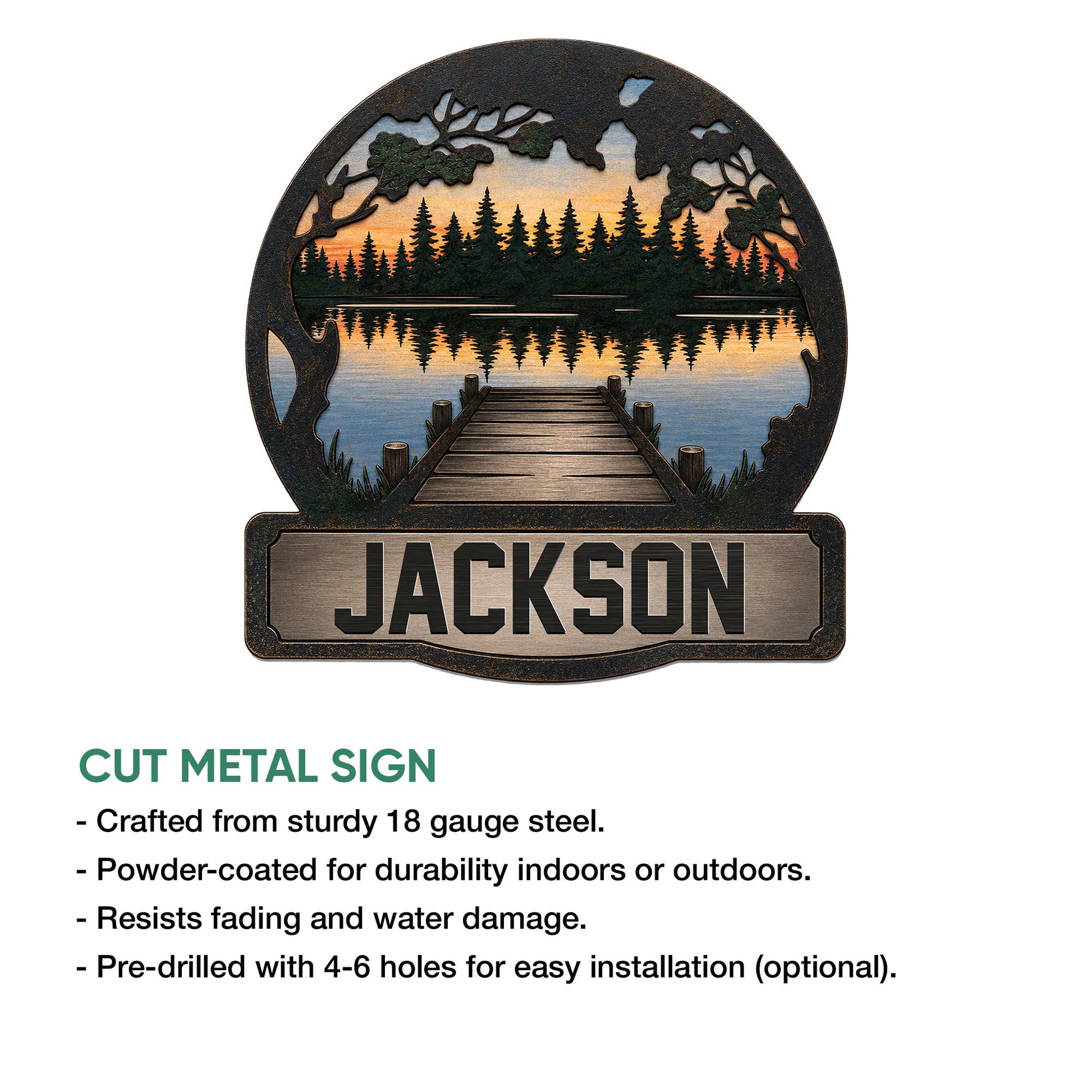 Lake house metal sign with a rustic dock, pine tree shoreline, sunset reflection, and product feature details