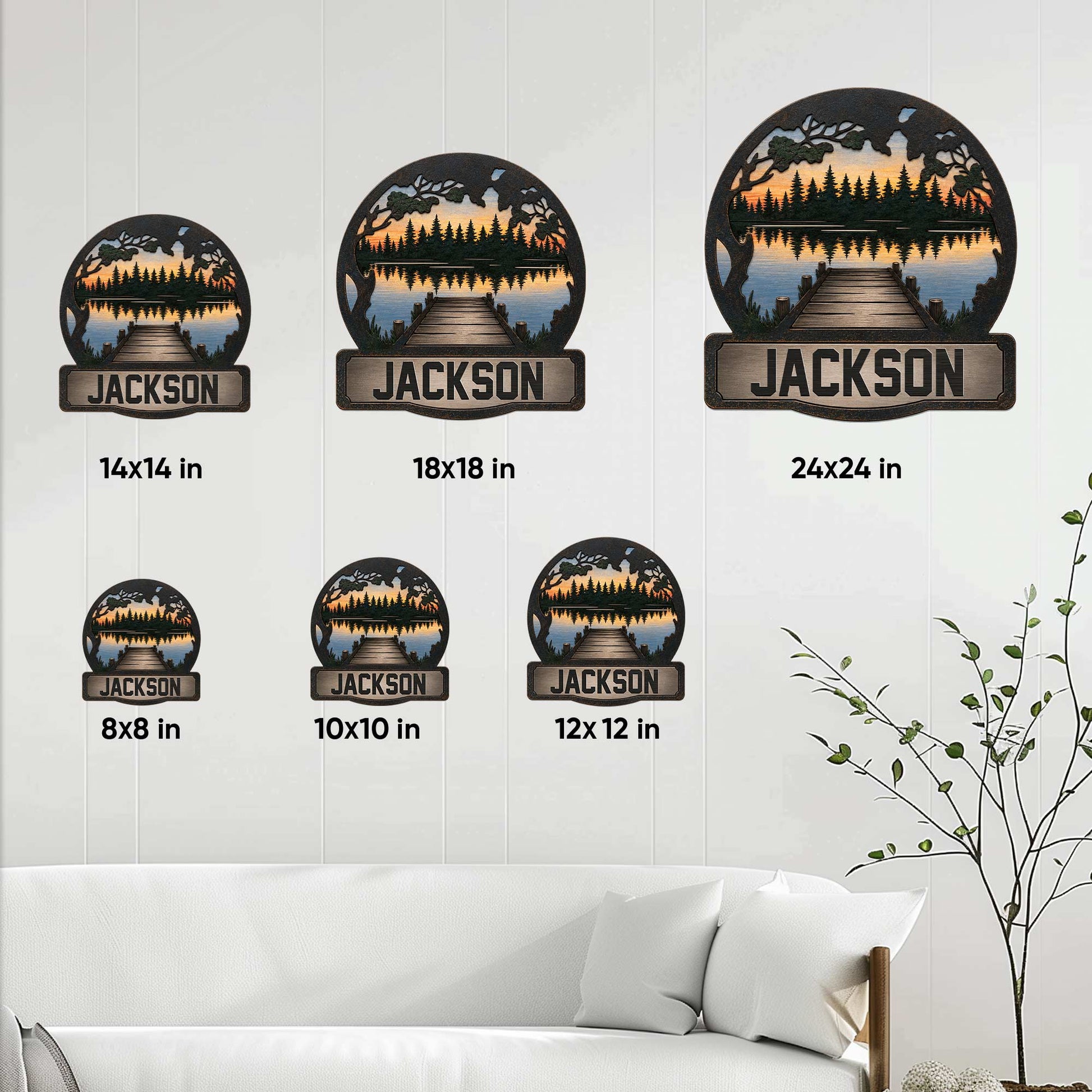 Lake house metal sign size guide showing six square size options in a living room setting