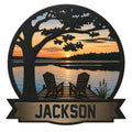 Custom lake house metal sign featuring a sunset lake, tree silhouette, dock, and Adirondack chairs