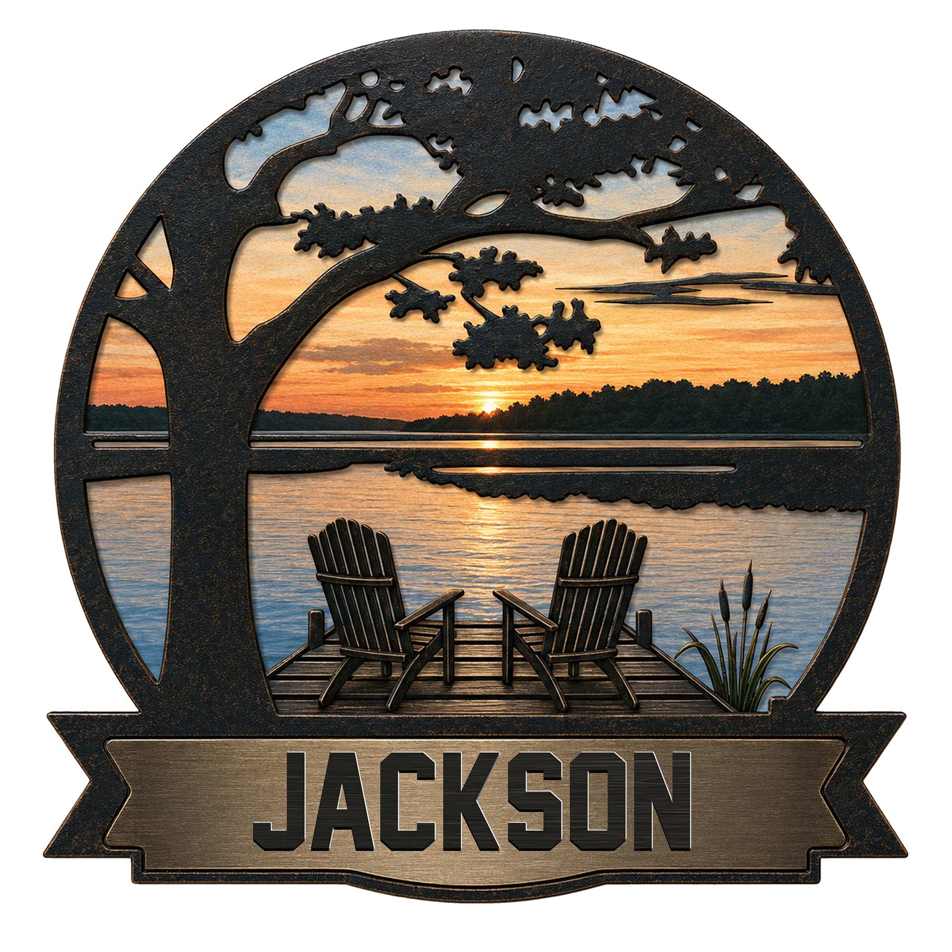 Custom lake house metal sign featuring a sunset lake, tree silhouette, dock, and Adirondack chairs