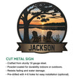 Lake house cut metal sign shown with product features and a scenic sunset dock design