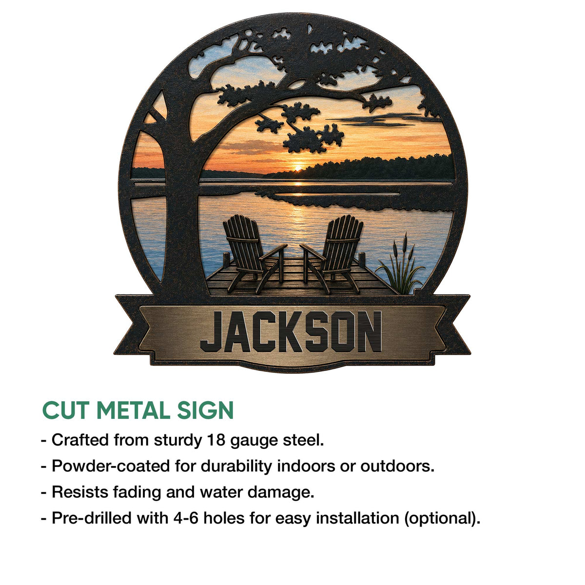 Lake house cut metal sign shown with product features and a scenic sunset dock design
