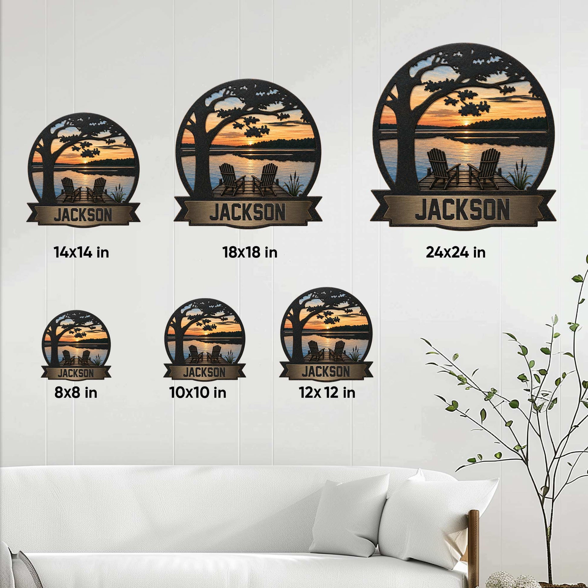 Lake house metal sign size guide showing six available square size options in a living room setting