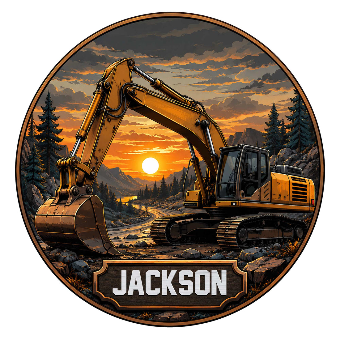 Custom excavator metal sign featuring a tracked construction machine in a mountain sunset scene