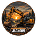 Custom excavator metal sign featuring a tracked construction machine in a mountain sunset scene