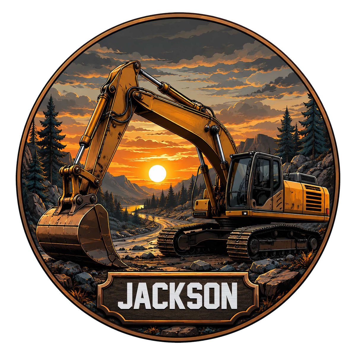 Custom excavator metal sign featuring a tracked construction machine in a mountain sunset scene