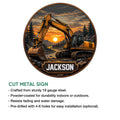 Excavator metal sign feature graphic showing the circular cut-metal design and product construction details