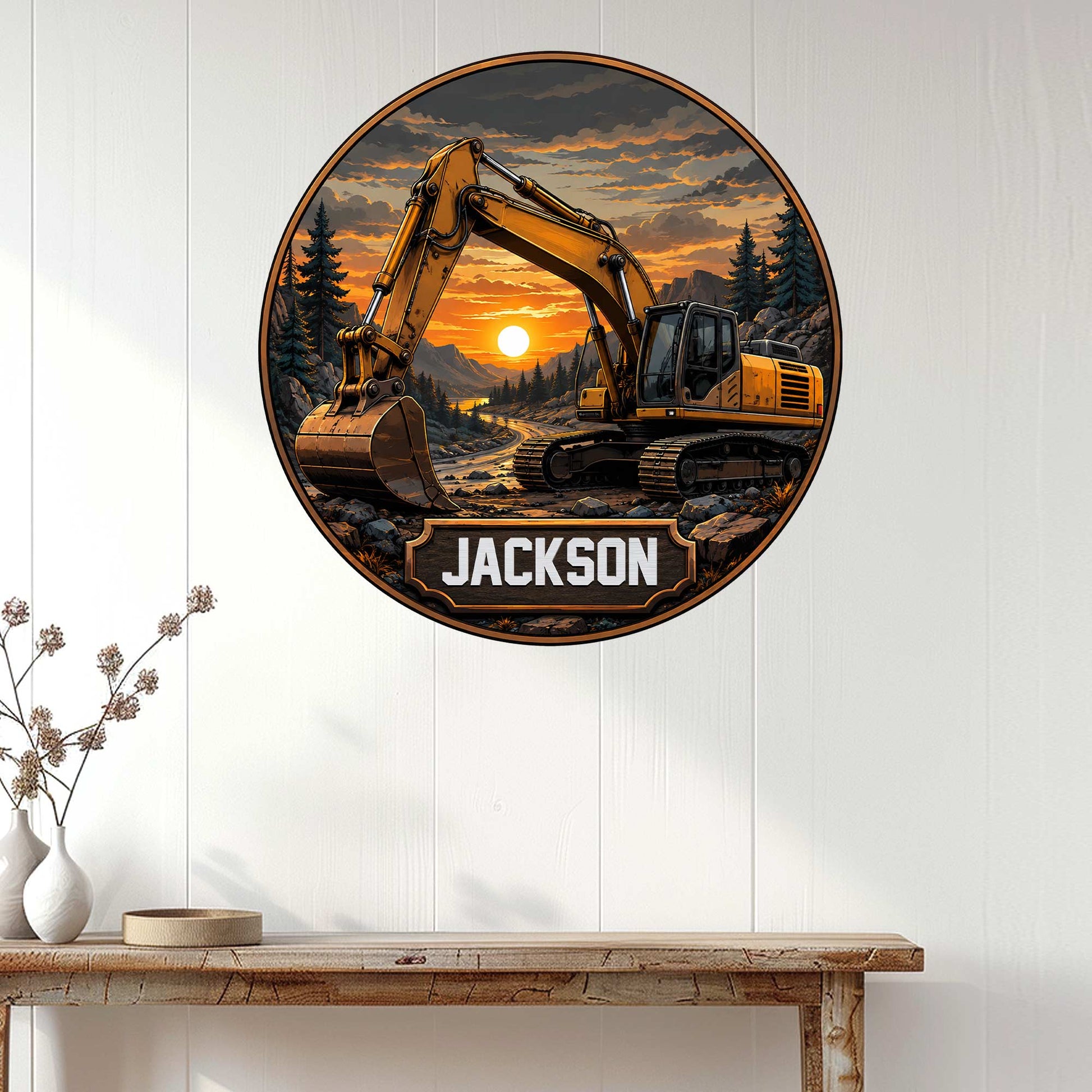 Excavator wall sign displayed on white paneled decor, featuring a tracked machine and sunset landscape